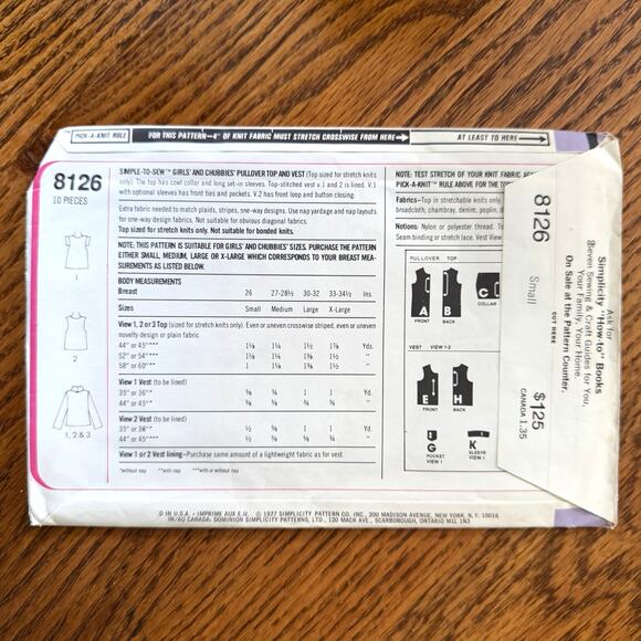 Vintage 1970s Simplicity 8126 Sewing Pattern Girls Sz Small Top & Vest COMPLETE - Picture 2 of 2
